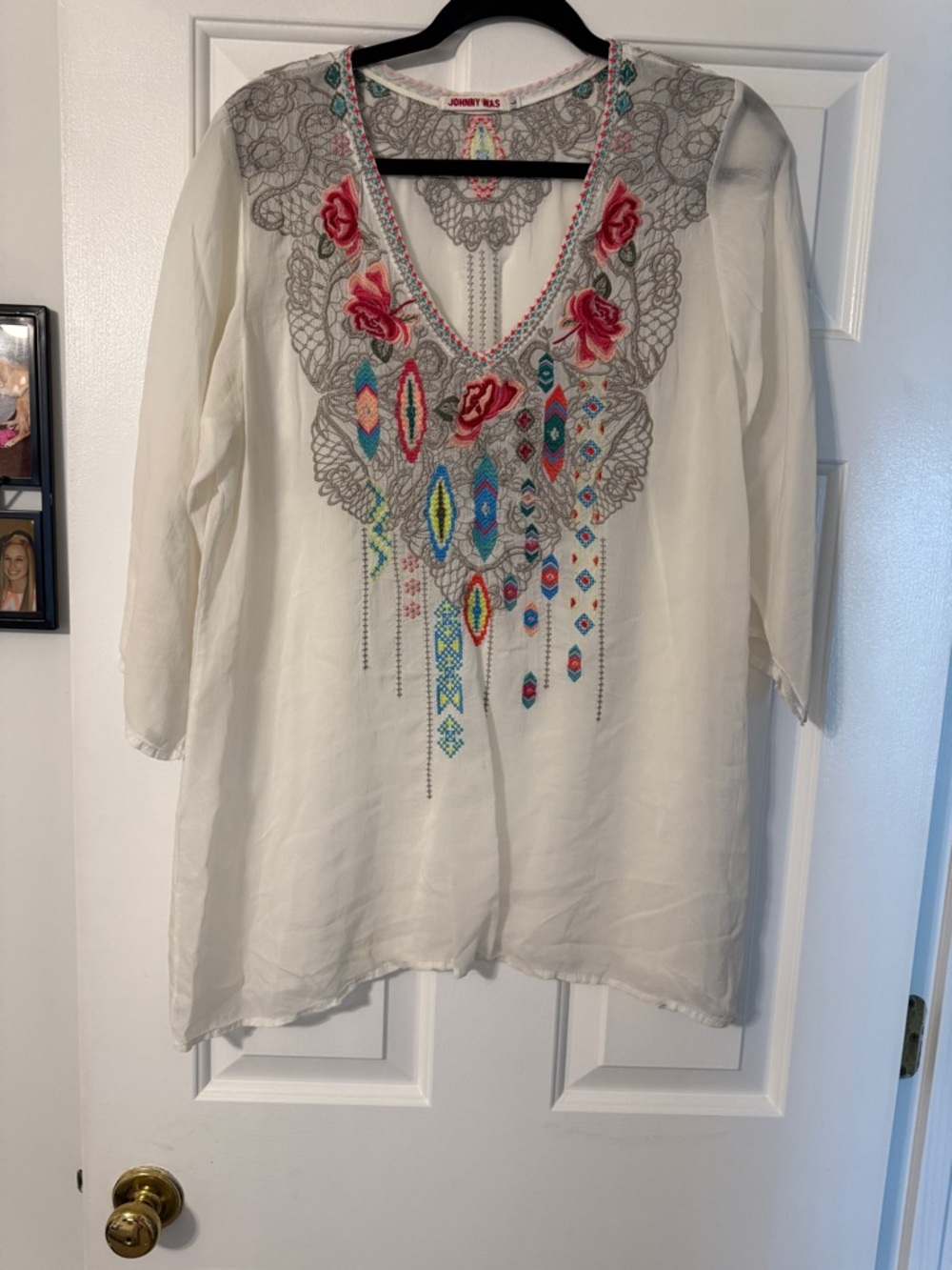 Johnny Was Ivory Tunic with Multicolor Embroidered Neckline